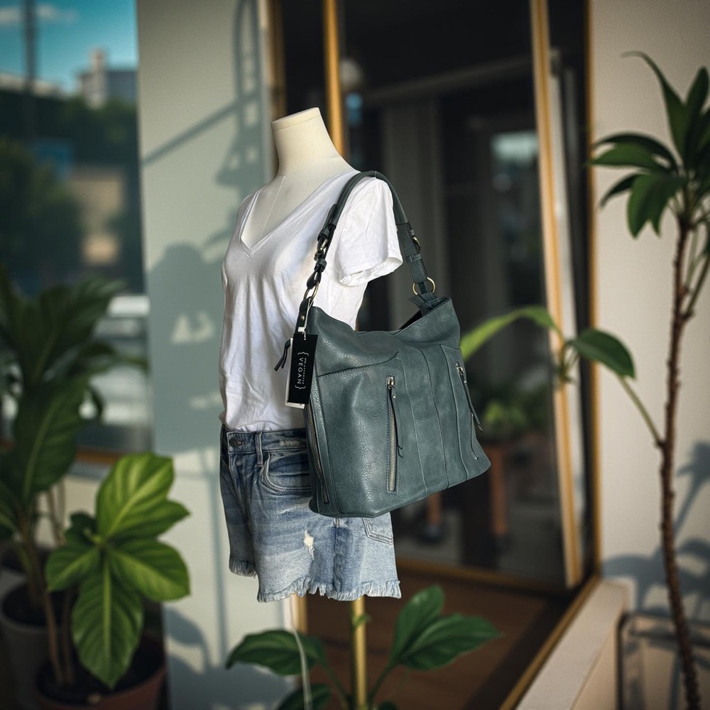 NWT Vegan Leather Shoulder Bag Tote! Dusty Blue! - Picture 6 of 7